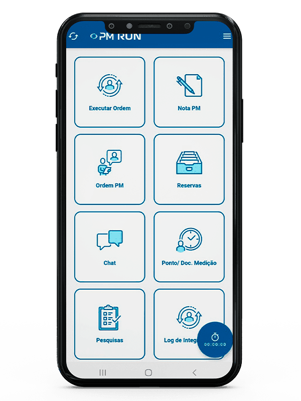 PM Run app home menu with order, notification, reservations, chat, measurement, surveys and integration log